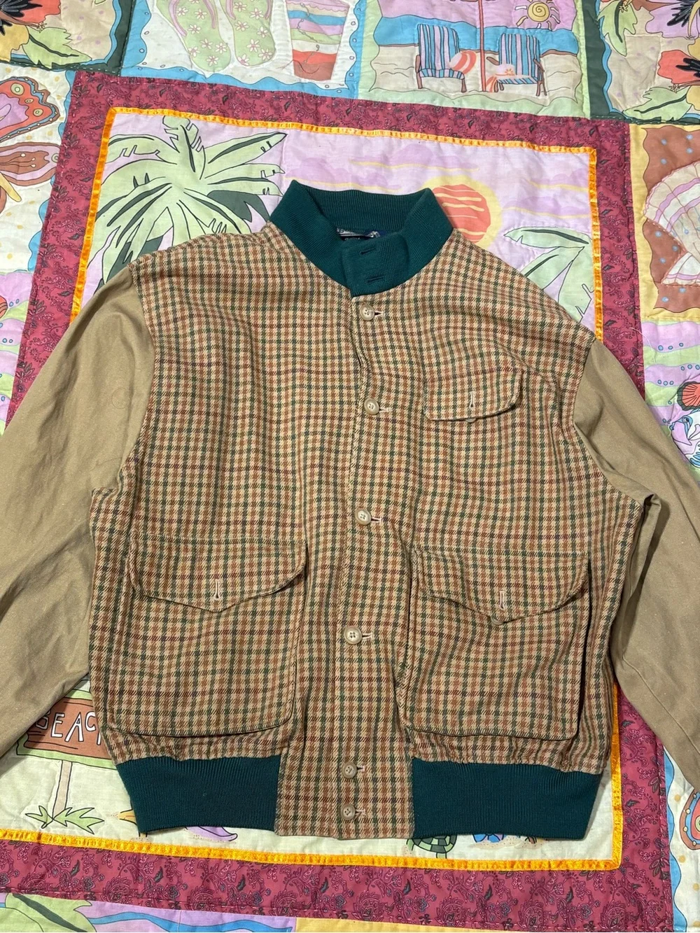 VINTAGE 80s 90s Polo Ralph Lauren Plaid Wool Bomber Jacket Beige Green
